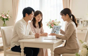 結婚式相談カウンターで、女性アドバイザーからタブレットを使って式場の提案を受け、笑顔で話を聞いている若いカップル