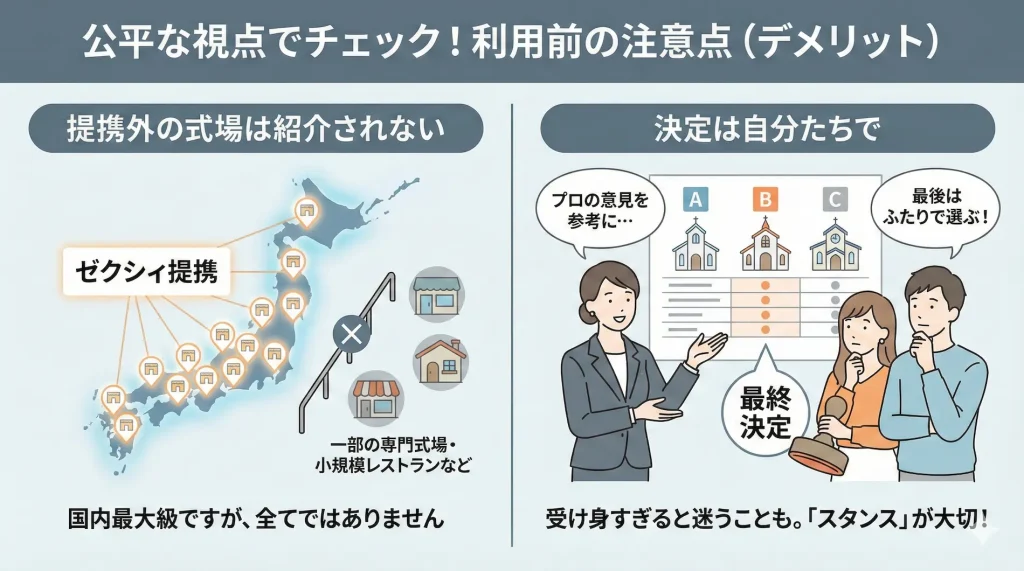 ゼクシィ相談カウンター利用前の注意点（デメリット）の解説図解。左側には「提携外の式場（一部専門式場や小規模レストラン等）は紹介されない」こと、右側にはアドバイザーの意見を参考にしつつ「最終決定は自分たちで行うスタンスが大切」であることをイラストで説明している。