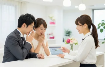 結婚式相談カウンターで、アドバイザーからタブレットで見積もりの説明を受け、仲介手数料がかからないことや費用の安さに驚き、安心して笑顔を見せるカップル