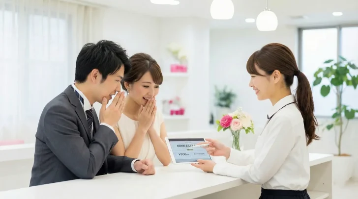 結婚式相談カウンターで、アドバイザーからタブレットで見積もりの説明を受け、仲介手数料がかからないことや費用の安さに驚き、安心して笑顔を見せるカップル